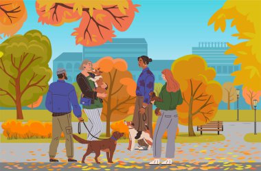 Sahipleri park alanında köpekleri gezdiriyor. Büyük bir halk bahçesi, sonbahar sarı çimenleri ve ağaçları olan bir arazi. İnsanlar yolda yürüyorlar. Büyükanneleriyle, köpekleriyle, kadınlarıyla, erkekleriyle, kızlarıyla.