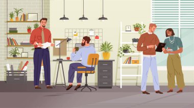 Bir grup iş adamı anlaşma ya da girişimi tartışıyor. İş ortakları sohbeti. İş yerindeki insanlar konuşuyor. Ofis çalışanları iletişim kuruyor. İş projesinde birlikte çalışan çalışanlar