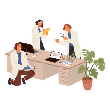 Profesyonel bilim adamları, doktorlar ve kimyasal araştırmacılar laboratuvar deneylerinde çalışıyor ve analiz ediyorlar. Tıbbi ofis, araştırma, biyolojik moleküler test konsepti. Sağlık ve Teknoloji