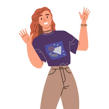 Neşeli kadın bir etkinliğe kollarını açmış katılıyor. Beyaz arka planda izole edilmiş ellerini kaldırmış mutlu kadın çizgi film karakteri. Gülümseyen kız sevinçten ve başarıdan zıplıyor. Sevinçli başarılı kişi