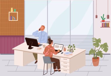 Ofis çalışanı. Vektör çizimi. İş yeri, şirketler arasındaki mesleki büyüme ortaklığı isteyen bireylere istihdam olanakları sunuyor, sinerjiler yaratıyor ve genişliyor