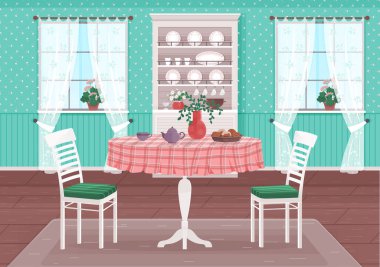 Mutfak vektör çizimi. Mutfak maceraları, pratik mobilyalarla süslenmiş mutfaklarda yükselir. Mutfaktaki temiz çizgiler, hoş geldin ve görsel olarak çekici uzay tarzına katkıda bulunur.