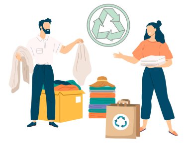 Kıyafetleri geri dönüştürüyorum. Vektör çizimi. Giysilerin geri dönüşümü kültürün sürdürülebilirliğini ve atıkların azaltılmasını teşvik eder. Modada geri dönüştürülmüş tekstil kullanımı endüstrilerin çevresel etkisini azaltır.