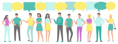 İnsanlar konuşuyor. Vektör çizimi. Sohbetler, kişisel ilişkilerin kurulması ve geliştirilmesinde hayati rol oynar. İnsanlar fikirlerini, duygularını ve inançlarını ifade etmek için konuşmalarına güvenirler.