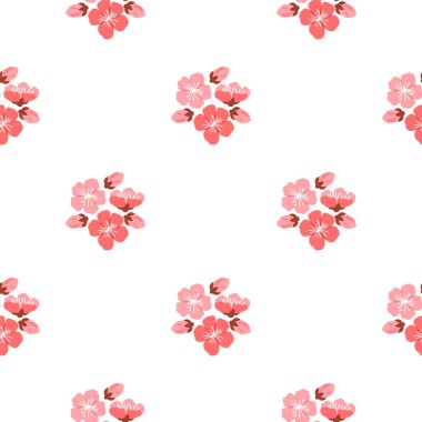 Sakura desenli vektör çizimi. Sakura çiçekleri tarafından yaratılan çiçekli atmosfer, uzayı huzur ve sükunetle kaplar. Tekrarlayan şablon sakura, sonsuz bağı simgeler.