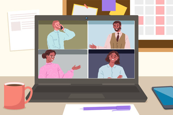 Видеоконференция. Векторная иллюстрация. Технологии произвели революцию в коммуникации посредством видеозвонков и конференций. Видеозвонки стали неотъемлемой частью нашей цифровой коммуникационной среды.