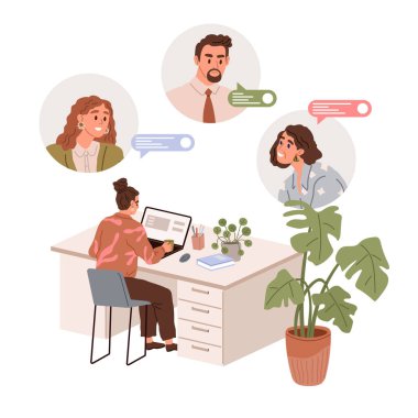 Video konferansı. Vektör çizimi. Video konferanslarıyla düzenlenen seminerler yaşam boyu öğrenmeyi sağlar. Seyirciler video konferansları yoluyla konferansa aktif olarak katılabilirler.