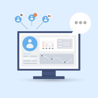 Sosyal medya. Vektör çizimi. Sosyal medya platformlarındaki tartışmalar, şirketlerin sosyal medyayı hedef kitlelerle ilişki kurmaları için teşvik ediyor.