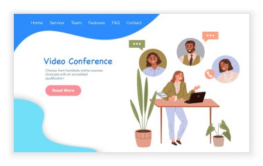 Video konferansı. Vektör çizimi. Video sohbet platformları başkalarıyla iletişim kurmayı zahmetsiz ve kullanışlı hale getirdi. Video konferans konsepti uzak toplantılar ve tartışmalarda devrim yaratıyor.
