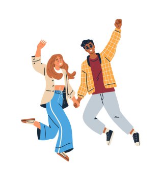İnsanların vektör illüstrasyonuna atlamak. Zıplayan insanlar sevinçlerini canlı eylemlerle, sıçrayarak ifade ederler. Kutlama başarısı, insanların üzerinden atlama metaforuyla canlı tasvir edilir. Enerjik bireyler.