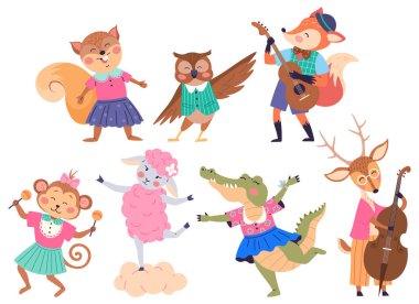 Hayvan bant vektör illüstrasyonu. Hayvan grubu konsepti, ritmik kutlamalar getiriyor. Hayvanat bahçesini müzik cennetine çeviriyor. Vahşi yaşam konseriyle kutluyoruz.