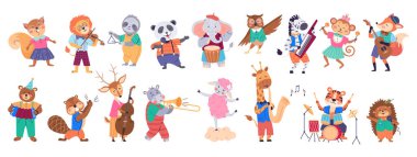 Hayvan bant vektör illüstrasyonu. Yetenekli hayvan orkestrasının yer aldığı vahşi yaşam konseriyle şenlikli bir etkinlik başlıyor. Neşeli bando orkestrası, hayvanat bahçesine heyecan katıyor.