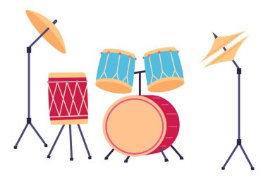 Müzik aletleri vektör illüstrasyonu. Orkestra canlı renkler için bir tuval haline gelir ve dünya müziği enstrümanları uyum sağlar, çeşitli melodiler arasında ritmik bir yolculuk yaratır. Davullar