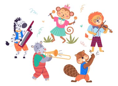 Hayvan bant vektör illüstrasyonu. Bu eşsiz gösteri orkestrasında müzikal yaban hayatı orkestrasını kutlamak için hayvanat bahçesi kutlama müziğine ve doğaya dönüşür.