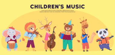 Hayvan bant vektör illüstrasyonu. Neşeli bir müzik grubu olan Fauna, hayvanat bahçesini eğlence dünyasına çeviriyor. Vahşi yaşam konseri, sahnelenen doğa melodilerini kutluyor. Çocuk müziği.