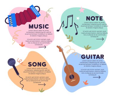 Müzik aletleri vektör illüstrasyonu. Enstrümanlar, akustik ve klasik, ahengin hüküm sürdüğü ritmik ve melodik gösteri senfoni eğlencesinde birleşir. Müzik, nota, şarkı, gitar.