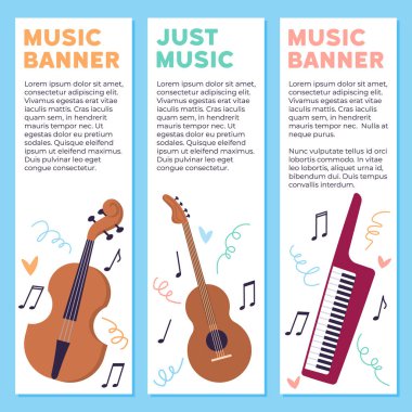 Müzik aletleri vektör illüstrasyonu. Müzikal enstrümanlar mecazi olarak sohbet ederek, çeşitli ritmik kutlama melodileriyle uyumlu bir Dünya Müzik Günü yaratırlar. Müzik afişi, sadece müzik.