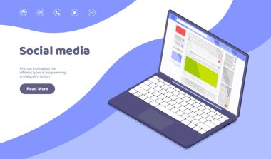 Web afişi, pazarlama materyali, iş sunumu için sosyal medya uygulamaları ve hizmetleri kavramı. Çevrimiçi platform insanlar arasında iletişim, flört, sosyal ilişkiler kurmak için kullanılır