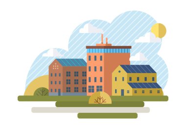 Temiz şehir vektör illüstrasyonu. Yeşil teknolojiyi ve sürdürülebilir altyapıyı benimseyerek, şehir temiz ve daha yeşil bir gelecek için zemin hazırlıyor. Geri dönüşüm temiz şehir atığı yönetiminin ayrılmaz bir parçası.