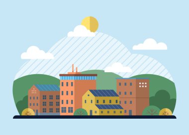 Temiz şehir vektör illüstrasyonu. Şehir, çevresel bilinç kültürünü teşvik ediyor, halkı bilgilendirilmiş seçimler yapmaya teşvik ediyor ve sosyal yaşamın genel refahına katkıda bulunuyor.