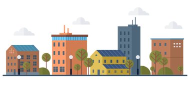 Temiz şehir vektör illüstrasyonu. Yeşil teknoloji ve sürdürülebilir altyapıyı benimseyerek yenilenebilir enerji kaynaklarına öncelik verir, enerji verimliliğini arttırır ve sera gazı emisyonlarını azaltır