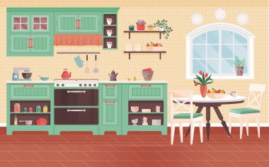 Mutfak içi vektör çizimi. Rahat yemek odası mobilyaları şık dekorasyon mutfağını tamamlıyor. Mutfak iç konsepti yemek pişirmeyi ve yemeği eğlenceli deneyimlere dönüştürüyor.