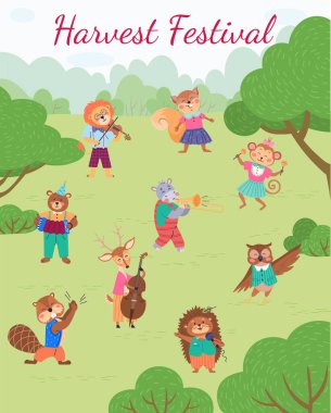 Hayvan partisi vektör illüstrasyonu. Yaratıklar hayvan partisi için toplanır, çayır eğlence cennetine döner ormandaki doğum günü partisi neşeli bir kutlamadır. Hasat festivali