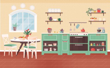 Mutfak içi vektör çizimi. Ev mutfağınızı rahat mobilyalarla donatın. Yemek için hoş mobilyalar, şık dekorasyon ve yemek takımı. Mutfak ortamını hoş ve hoş karşılayın.