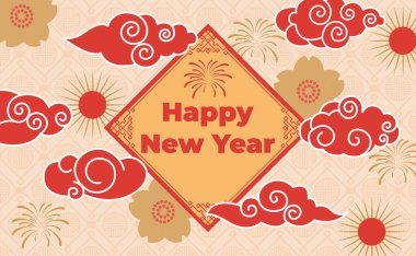 Çin bulutları vektör illüstrasyonu. Bulutlu gökyüzü, dokunuşlu nostaljik şenlikli bulutlu Asya kültürünü yansıtıyor. Kutlama atmosferi yaratıyor. Süslü desenler zenginliği gösteriyor. Mutlu yıllar.