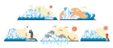 Küresel ısınma vektör çizimi. Çevresel sorunlar, ufukta beliren kara bulutlar, ekolojiye gölge düşüren gölgeler gelecekteki dioksit, atmosfere musallat olan hayalet, sera gazı hikayesini anlatıyor.