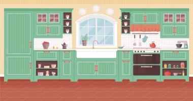 Mutfak içi vektör çizimi. Yemek odanızı hoş aile deneyimleri için rahat mobilyalarla donatın. Mutfak iç mimarisi, yemek pişirmeyi zevkli bir ritüele dönüştürür.