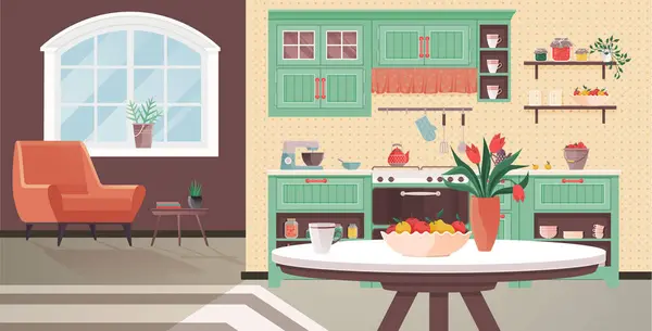 Kitchen Interior Vector Illustration Comfy Stylish Furniture Kitchen Creates Welcoming — Stock Vector