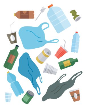 Atık kirliliği vektör çizimi. Geri dönüşüm, atıkların azaltılması ve dairesel ekonominin desteklenmesinde önemli rol oynamaktadır.