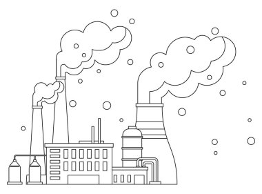 Fabrikalar vektör illüstrasyonu. Fabrika binaları, gelişmeler, sanayi manzarasına karşı dimdik durmak hava kirliliği, melodi ilerlemesi, atmosferde yankılanıyor.