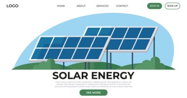 Güneş enerjisi vektör çizimi. Karbon emisyonlarının azaltılması için alternatif enerji kaynakları gereklidir. Jeneratör endüstrisi giderek çevre dostu