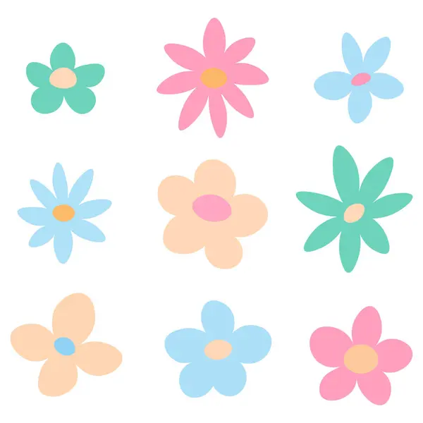Vector Illustration Set Featuring Nine Simplistic Flowers Soft Pastel Colors — Stock Vector