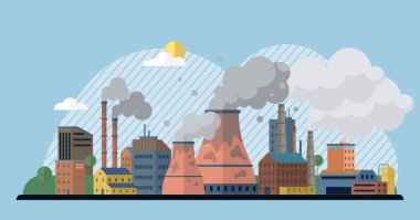 Factories vector illustration. Pollution, disruptor in environmental story, challenges resilience ecosystems Eco-processes, silent stewards, work diligently to offset impact industrialization clipart