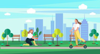 Aktif gezintiler. Parkta ya da çimenlikte motosiklete binen bir kız, bahçıvan bitkilerle ilgileniyor. Yürüyüşe çıkmış bir çocuk dışarıda vakit geçirir. Sağlıklı yaşam tarzı ve aile yaz güneşli havalarda yürür.