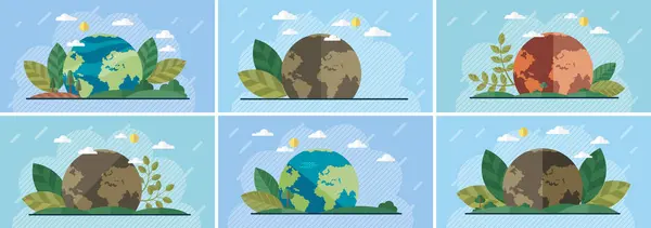 世界環境デー 地球の日や環境保全という概念 緑の惑星を保存する 地球の自然保護 植物シンボルセットのエコグローバルグリーンワールド エコロジーの惑星と葉 プレゼンテーションプリント ロイヤリティフリーのストックイラスト