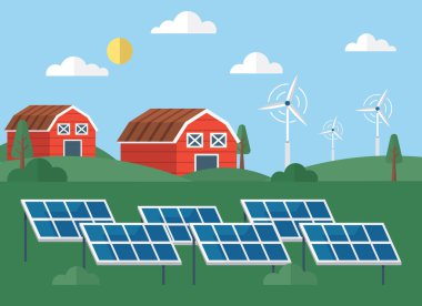 Güneş paneli vektör illüstrasyonu. Fotovoltaik teknoloji enerji üretiminde devrim yaratıyor. Sürdürülebilir enerji uygulamaları ekolojik ayak izini en aza indirmeyi hedefliyor. Elektrik gücü merkezde.