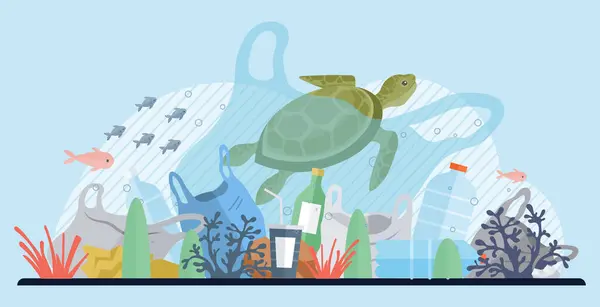 Векторная Иллюстрация Загрязнения Океана Уничтожение Вызванное Загрязнением Океана Требует Комплексных Лицензионные Стоковые Иллюстрации