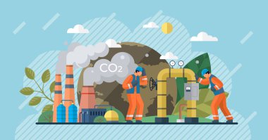 Karbondioksit vektör çizimi. Karbondioksit sorunu, çevre üzerindeki insan etkisinin yeniden değerlendirilmesini gerektirir. Endüstriyel emisyonlar, karbondioksitle atmosferin zehirlenmesine önemli ölçüde katkıda bulunur.