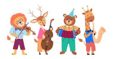 Hayvan bant vektör illüstrasyonu. Neşeli bando bandosu Fauna, hayvanat bahçelerine heyecan katıyor. Hayvan bandosu mecazi olarak müzik şaheserini resmederken siz de kutlamaya katılın.