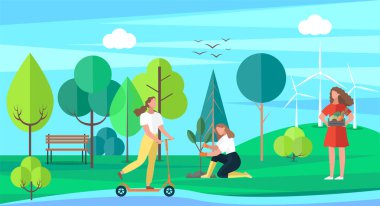 Aktif gezintiler. Parkta ya da çimenlikte motosiklete binen bir kız, bahçıvan bitkilerle ilgileniyor. Yürüyüşe çıkmış bir çocuk dışarıda vakit geçirir. Sağlıklı yaşam tarzı ve aile yaz güneşli havalarda yürür.