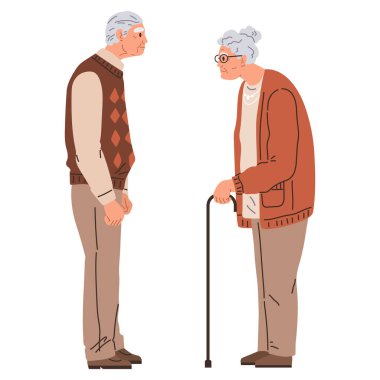 Yaşlı adam ve kadın düz vektör çiziminden bahsediyorlar. Beyaz arka planda gözlüklü ve bastonlu yaşlı bir adam. Büyükbabam ve büyükannem dışarıda yürür.