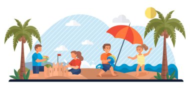 Family with children enjoying a day at the beach, building sandcastles and playing with a ball under the shade of palm trees and an umbrella. A bright, sunny vacation scene by the ocean. clipart