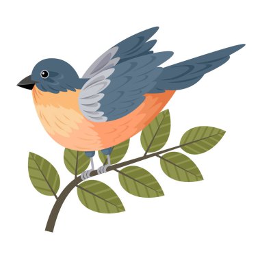 Yeşil yapraklı bir dala tünemiş küçük bir kuş, doğanın güzelliğini ve sükunetini gösteriyor. Kuşun mavi, turuncu ve gri tonlarını içeren yumuşak bir renk paleti vardır..