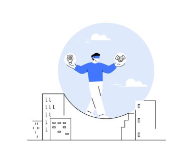 Modern bir şehir ortamında VR kulaklık takan, teknolojiyi dengeleyen ve insanlarla bağlantı kuran biri. Minimalist tasarım, günümüz dünyasındaki sanal ve gerçek dünya deneyimlerinin karışımını vurgular..