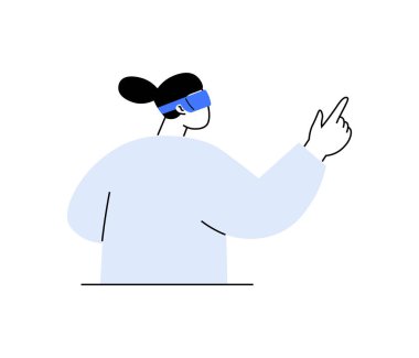 VR kulaklık takan ve modern, minimalist bir tasarımla bilgisayar ekranı ile etkileşime geçen biri. İllüstrasyonda sanal etkileşim, teknoloji ve dijital iletişim vurgulanıyor.
