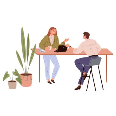 Ofis işleri. Vektör çizimi. Bir işçi ofis işlerinde etkili iletişimin önemini bilir ofis yöneticisi ofis çalışanlarının performansını denetler ve